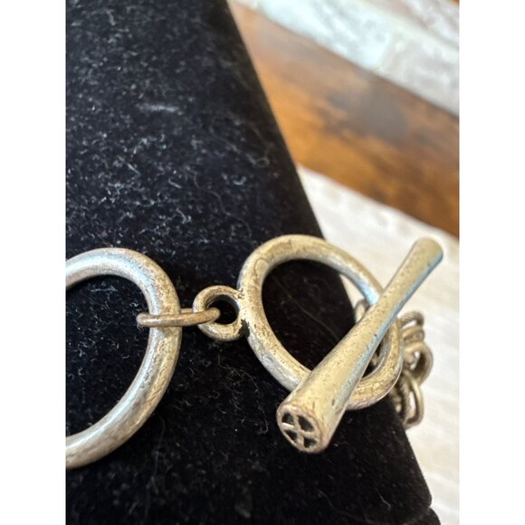 Boho Silver Tone Charm Bracelet Hearts Turquoise Glass Beads Toggle Statement - Picture 9 of 16